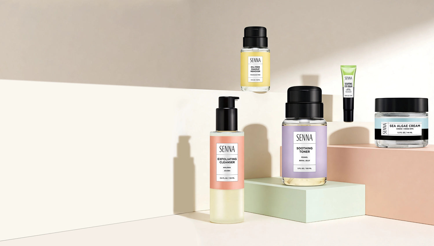 Collection of Senna skincare products on a neutral background