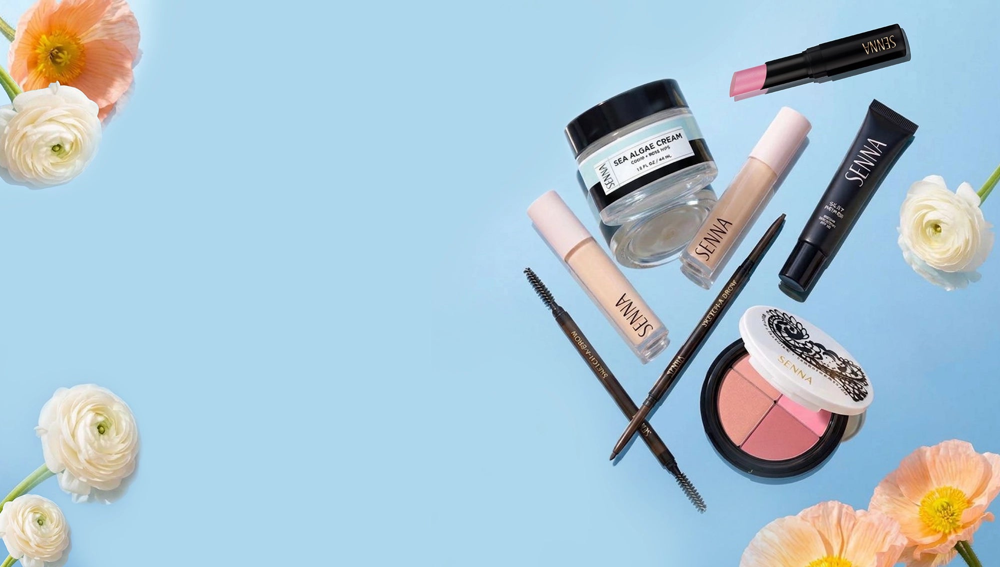 Makeup products including lipsticks, a jar, and brushes on a light blue background with flowers.