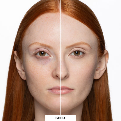 Before and after image of a model wearing shade of LuminousLift Fair1