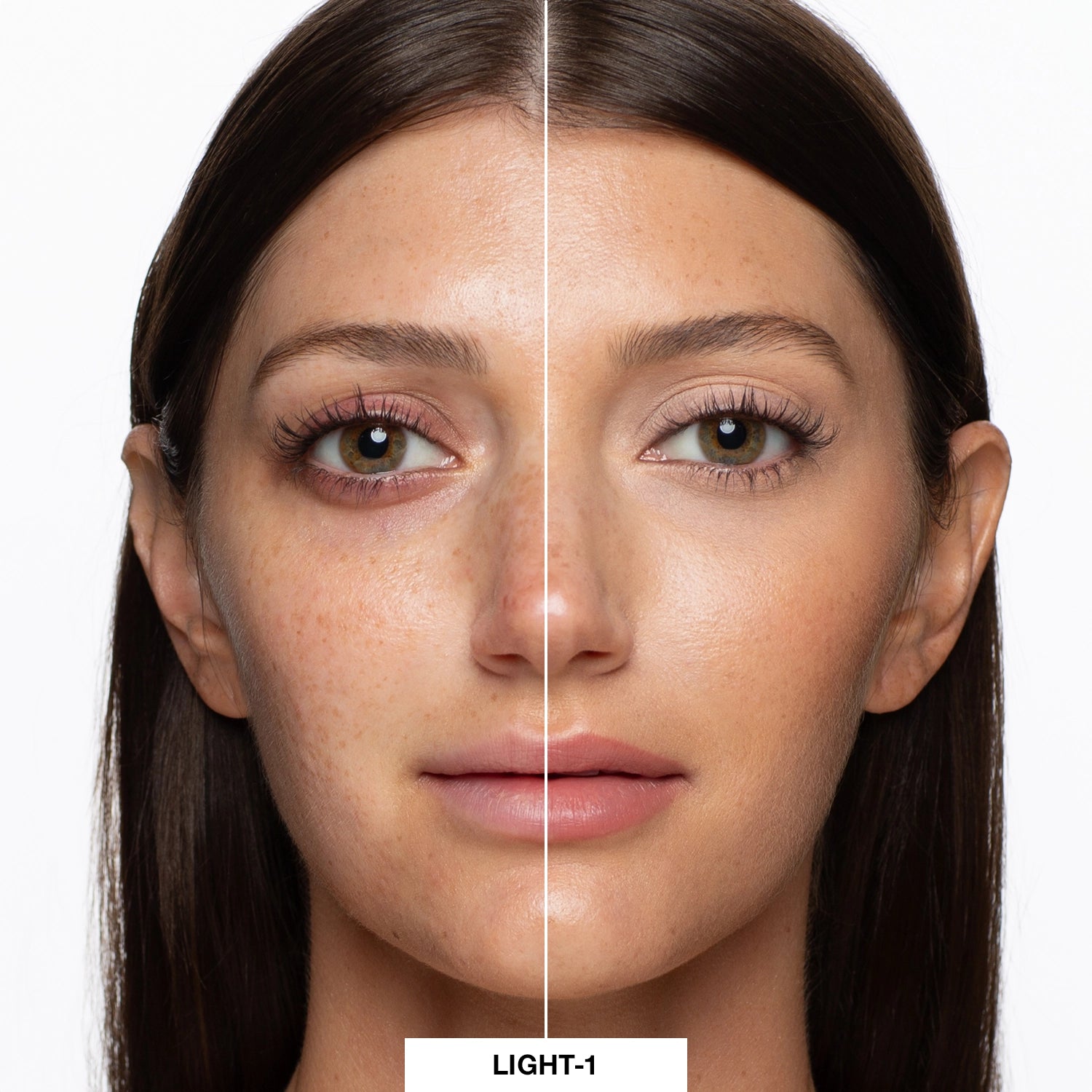 Before and after image of a model wearing shade of LuminousLift Light1