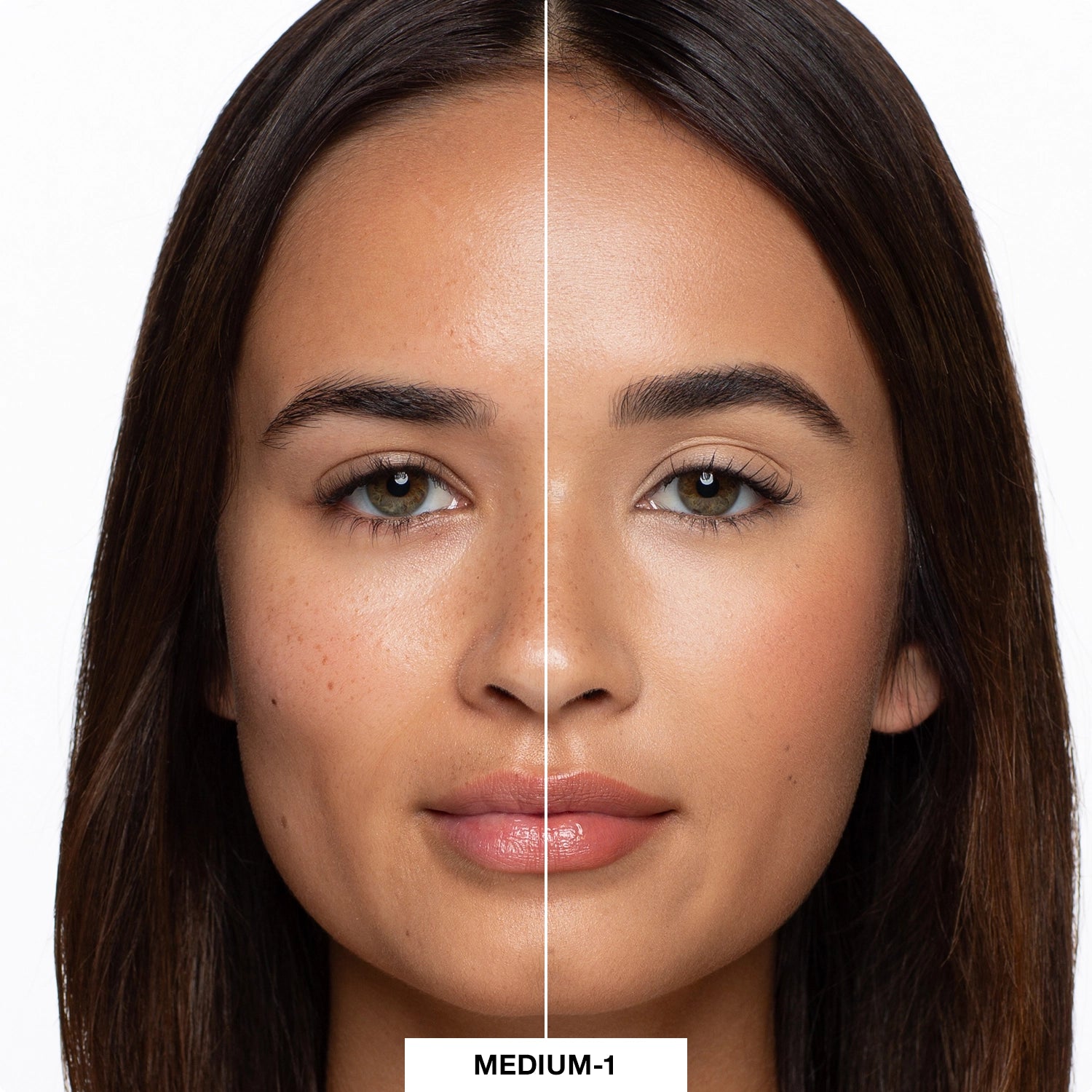 Before and after image of a model wearing shade of LuminousLift Medium1