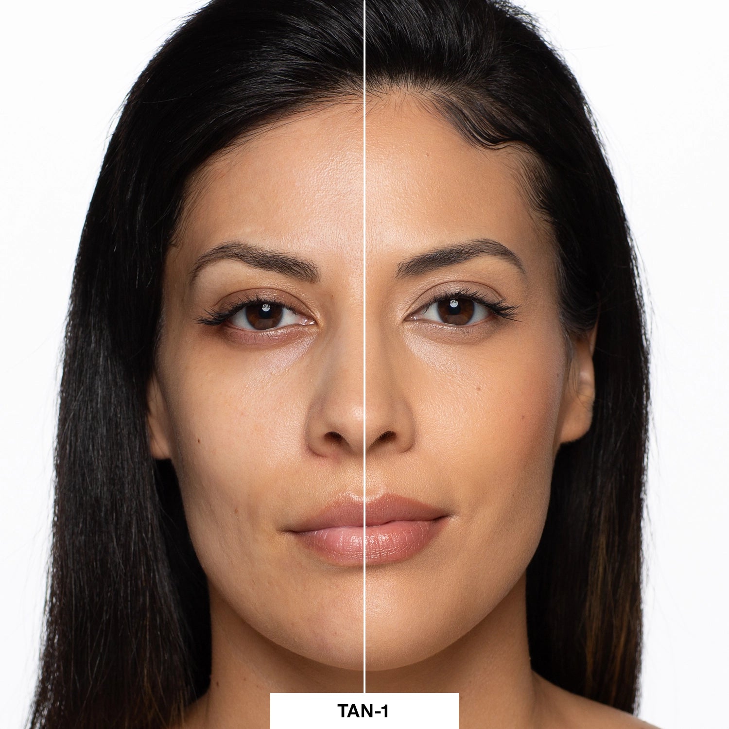 Before and after image of a model wearing shade of LuminousLift Tan1