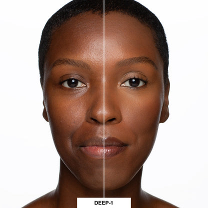 Before and after image of a model wearing shade of LuminousLift Deep1