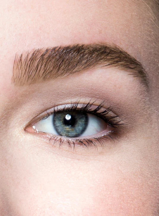 Close-up of a blue eye with a well-groomed eyebrow.